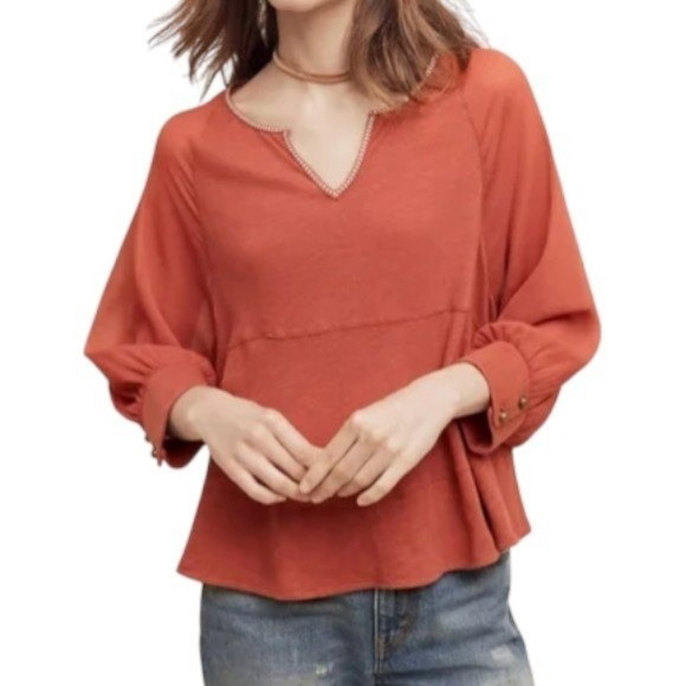 Akemi + Kin Anthropologie Rust Orange Sheer Sleeve Peplum Blouse Top XS Boho‎